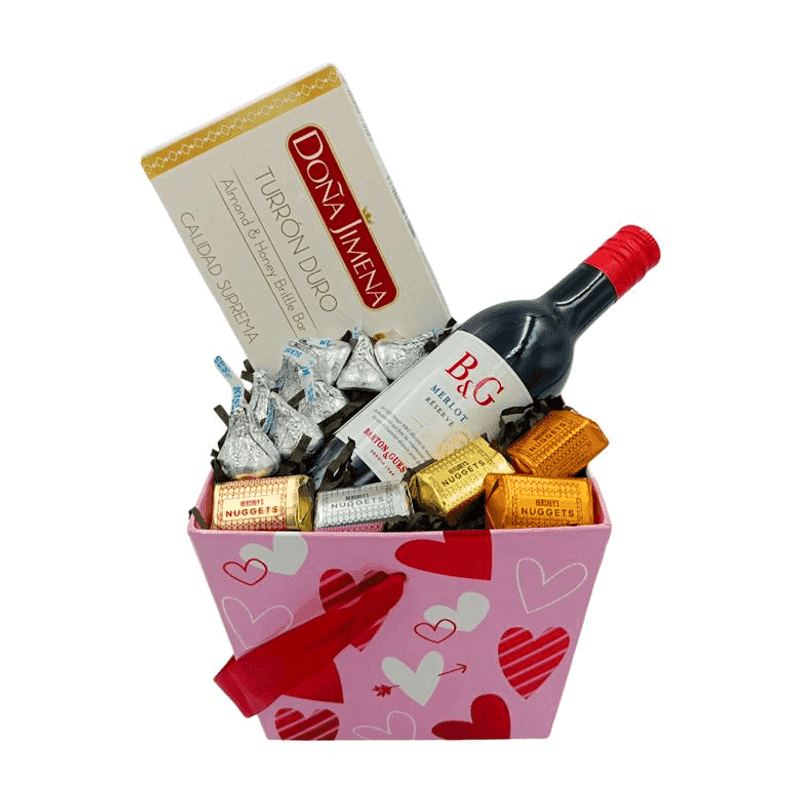 Caja con chocolates, turrón y vino